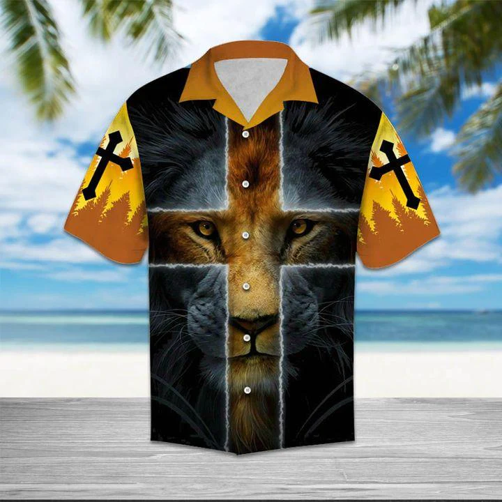 Jesus Trendy Hawaiian Shirt Lion Jesus Cross 3D Yellow Hawaii Aloha Shirt Christian Apparel
