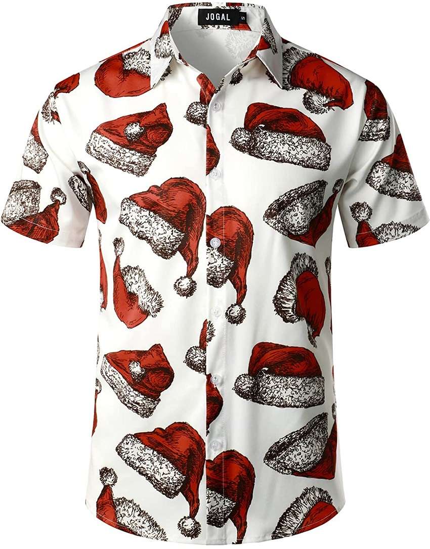 Jogal Mens Christmas Shirt Santa Claus Party Flamingo Casual Hawaiian Shirt