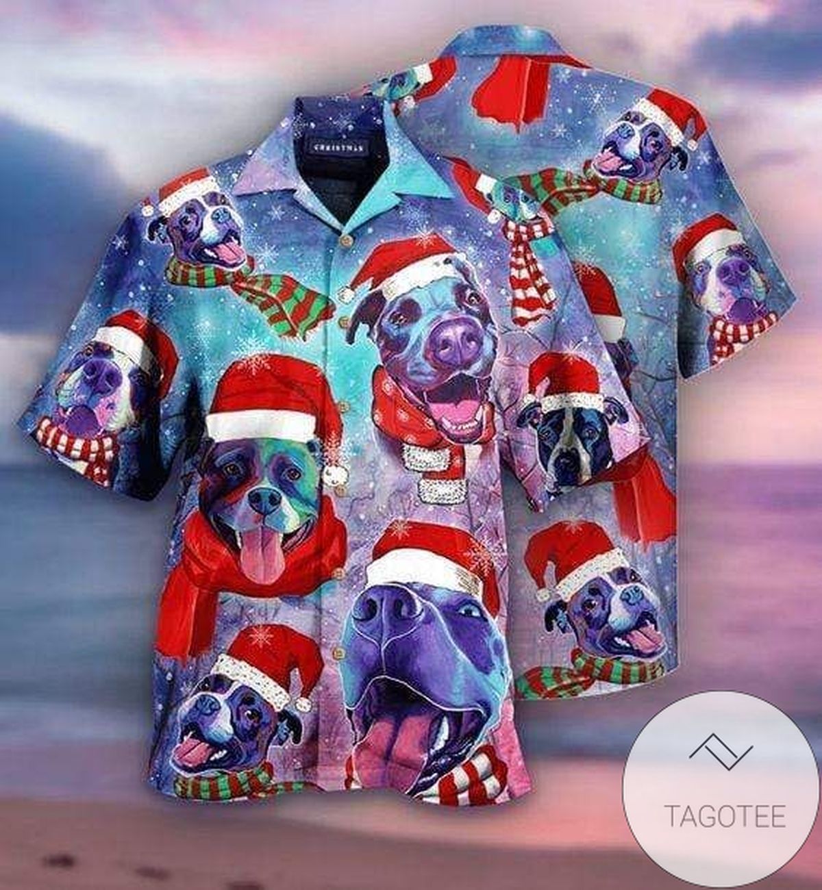Jolly Santa Joined by Playful Pitbull on Blue Hawaiian Canvas