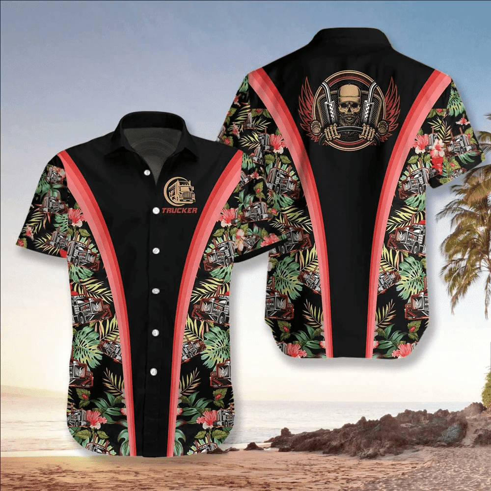 Joy Corners Trucker Themed Hawaiian Shirt Featuring Flower Skull 3D Design
