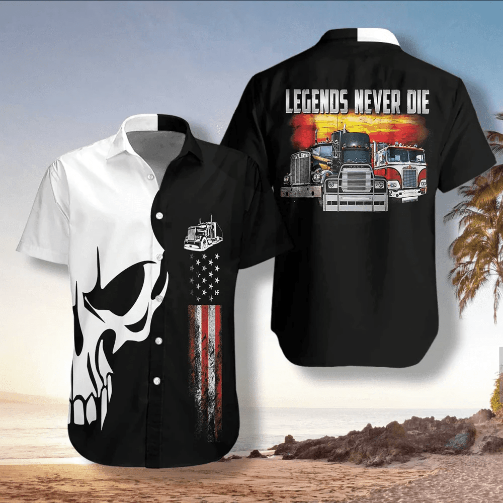 Joy Corners White Skull Legends Never Die Trucker 3D Hawaiian Shirt