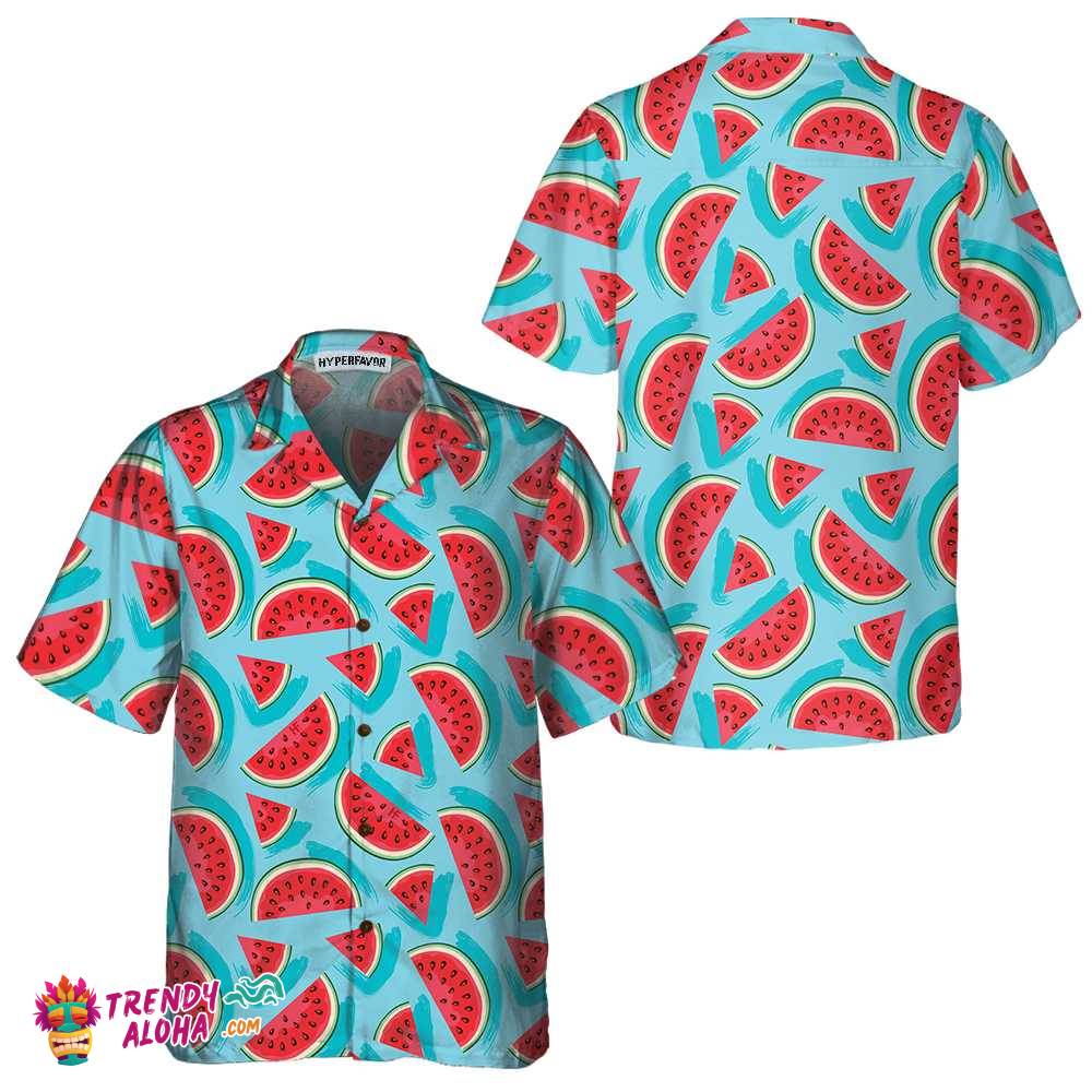 Juicy Watermelon Seamless Pattern Hawaiian Shirt, Blue Watermelon Print Shirt For Men & Women