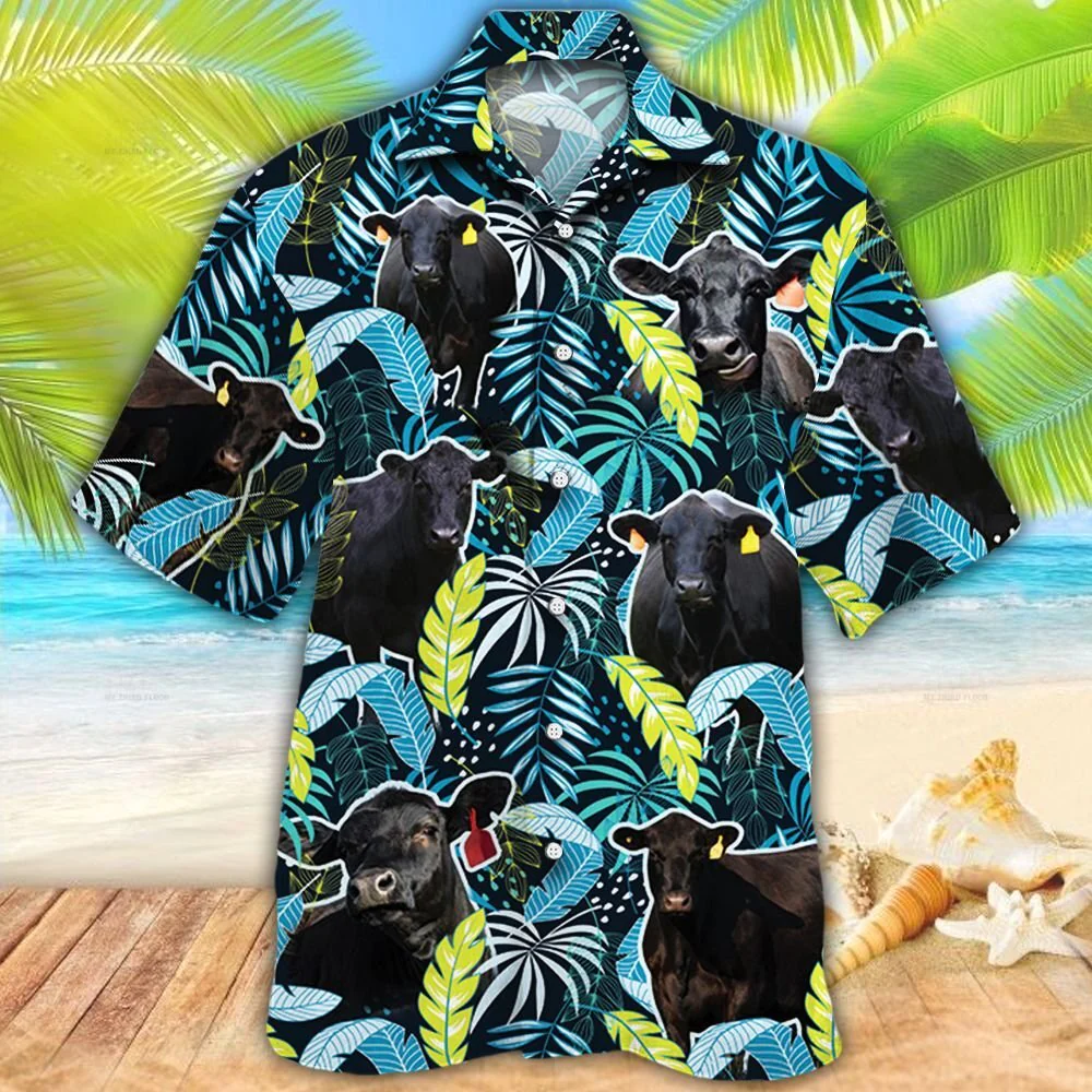 Jungle Leaves Black Angus Cattle Hawaiian Shirt for Bovine Lovers