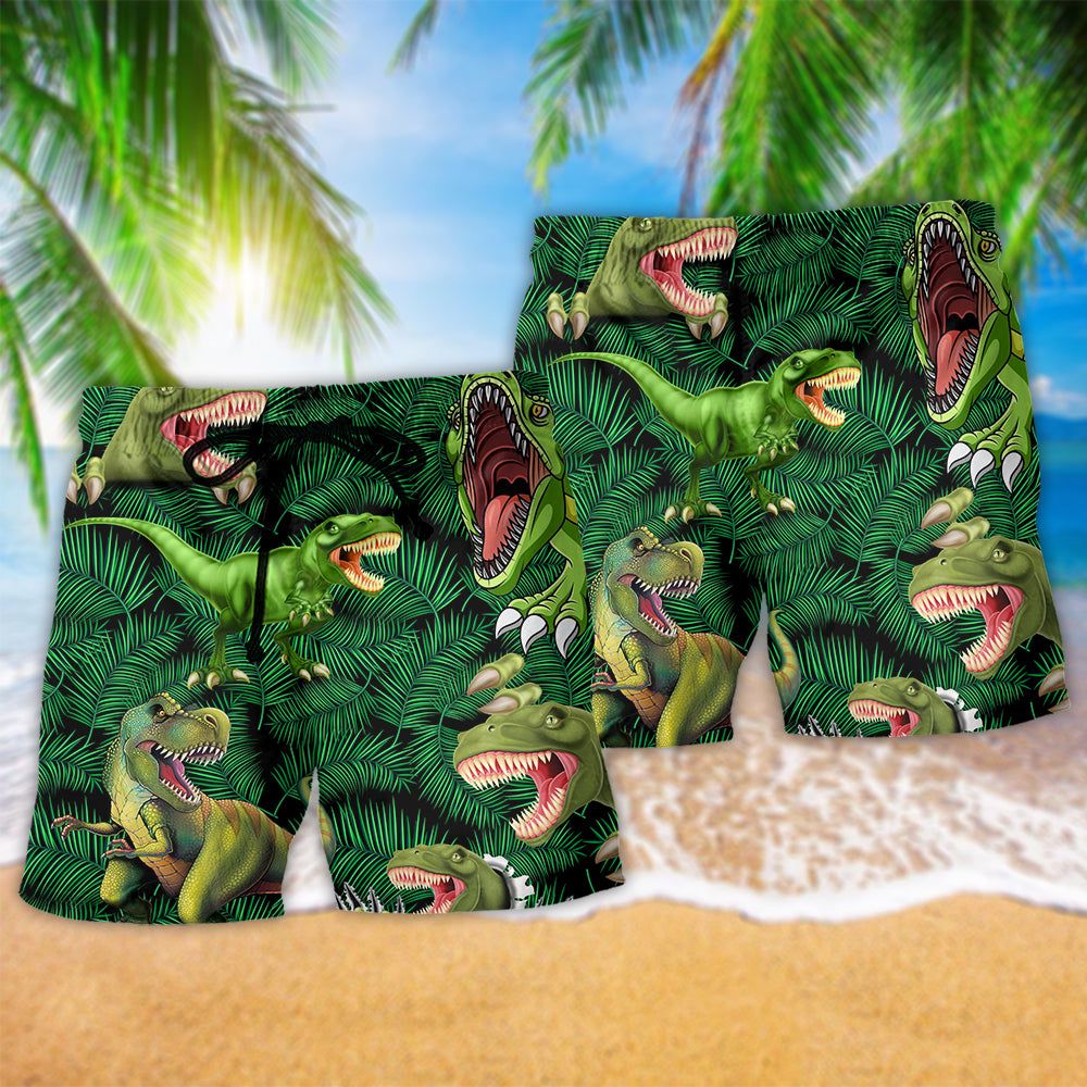 Jurassic Park Dinosaur Loves Green Style Trendy Aloha Hawaiian Beach Shorts