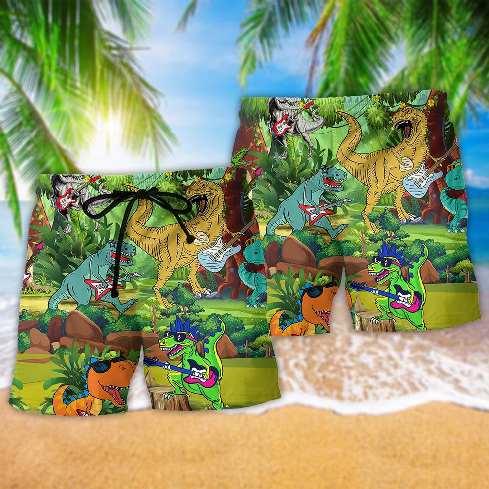 Jurassic Park Dinosaur Play Guitar Like A Star Jungle Trendy Aloha Hawaiian Beach Shorts