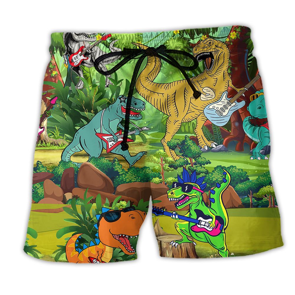 Jurassic Park Dinosaur Play Guitar Like A Star Jungle Trendy Aloha Hawaiian Beach Shorts
