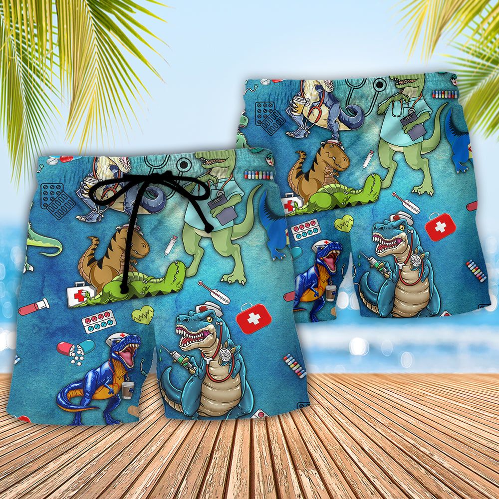 Jurassic Park Dinosaur Sorry The Nice Nurse Is On Vacation Trendy Aloha Hawaiian Beach Shorts
