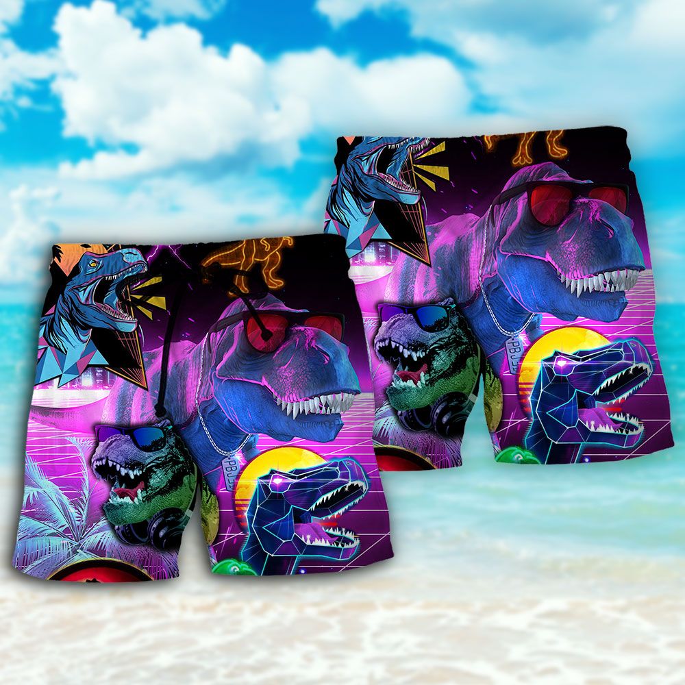 Jurassic Park Dinosaur T-Rex Neon Art Trendy Aloha Hawaiian Beach Shorts