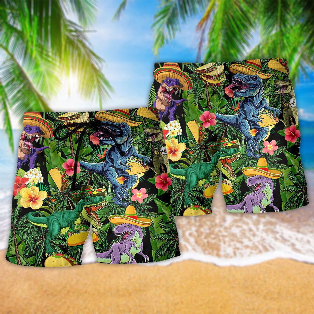 Jurassic Park Dinosaur Taco T-Rex Light Colors Trendy Aloha Hawaiian Beach Shorts