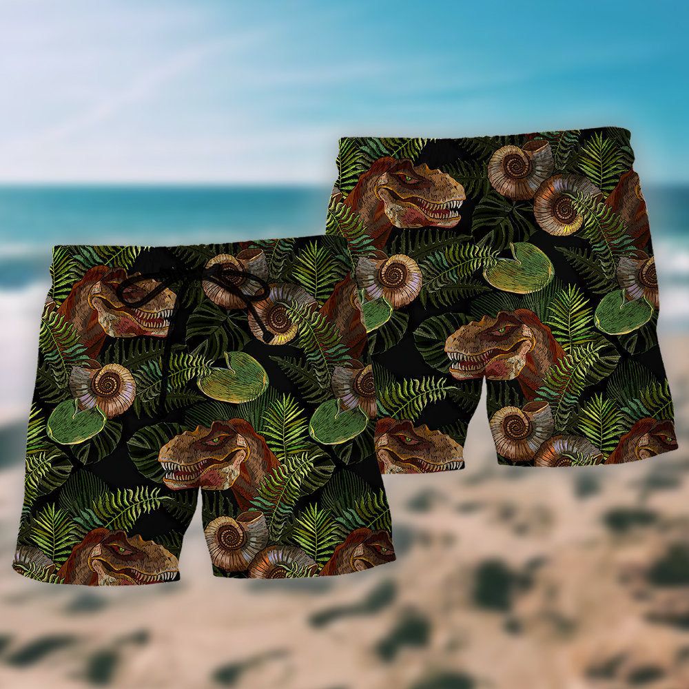 Jurassic Park Dinosaur Tropical Green Leaves Trendy Aloha Hawaiian Beach Shorts
