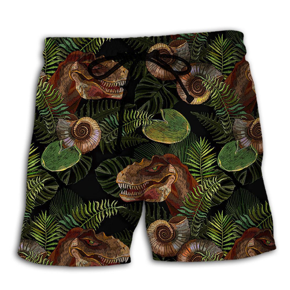 Jurassic Park Dinosaur Tropical Green Leaves Trendy Aloha Hawaiian Beach Shorts