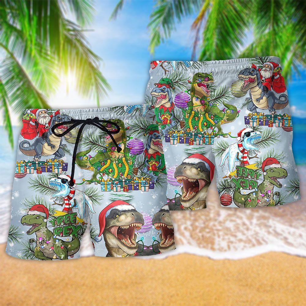 Jurassic Park Dinosaurs And Merry Xmas Colorful Trendy Aloha Hawaiian Beach Shorts