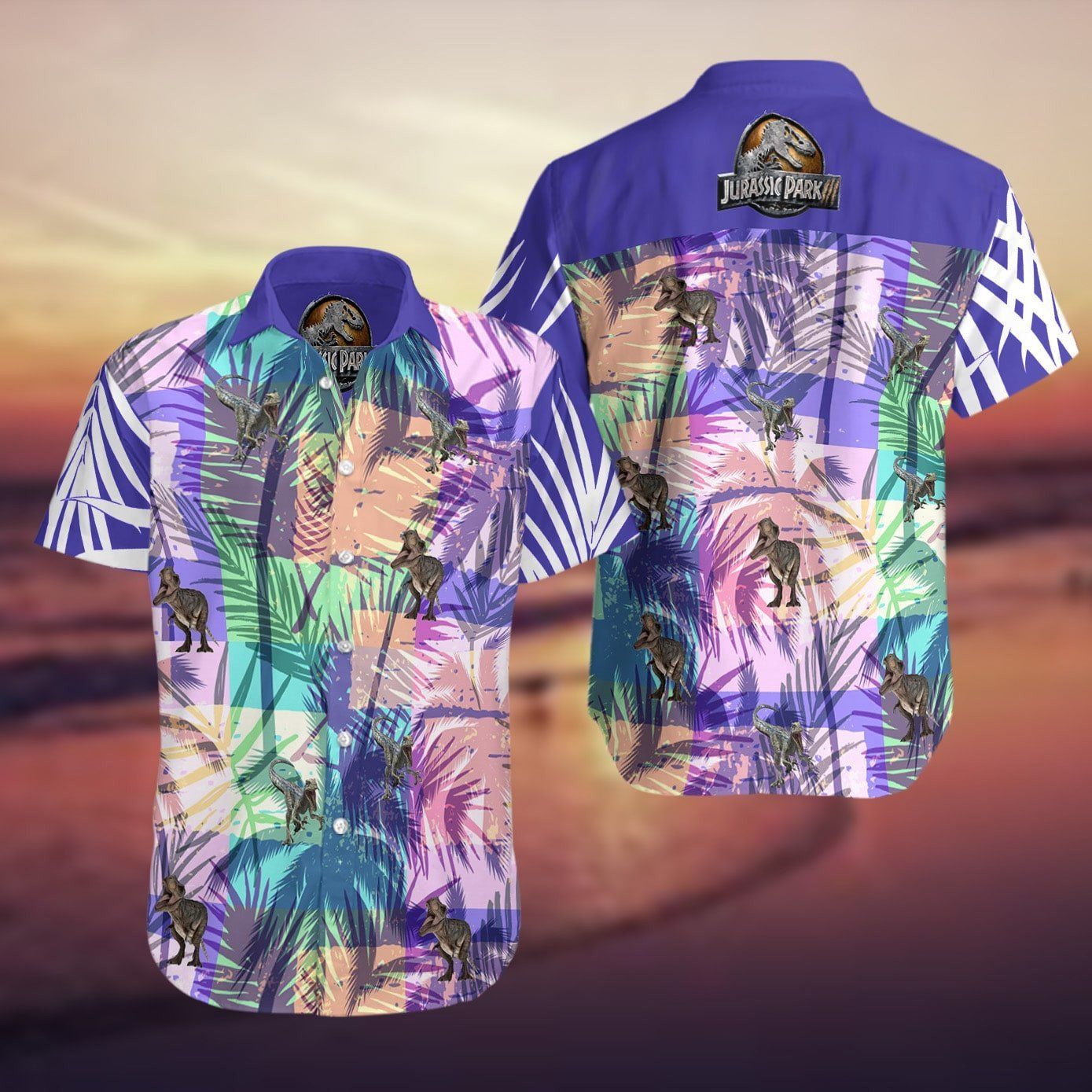 Jurassic Park Hawaiian Shirt Dinosaurs Tropical Palm Leaves Purple Hawaii Shirt Jurassic Park Aloha Shirt