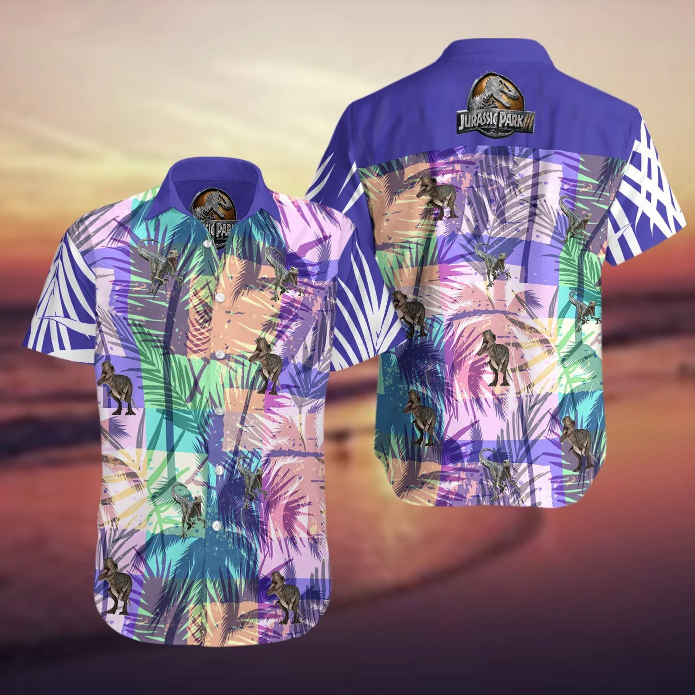 Jurassic Park Trendy Hawaiian Shirt Dinosaurs Tropical Palm Leaves Purple Hawaii Shirt Jurassic Park Aloha Shirt