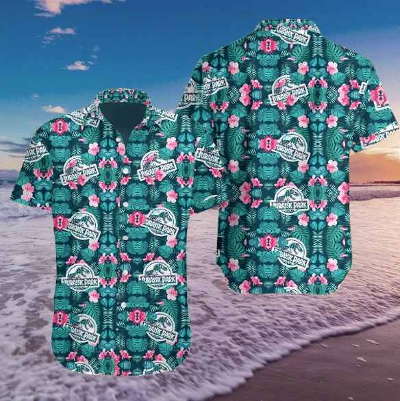 Jurassic Park Trendy Hawaiian Shirt Jurassic Park Symbol Flowers Green Hawaii Shirt Jurassic Park Aloha Shirt