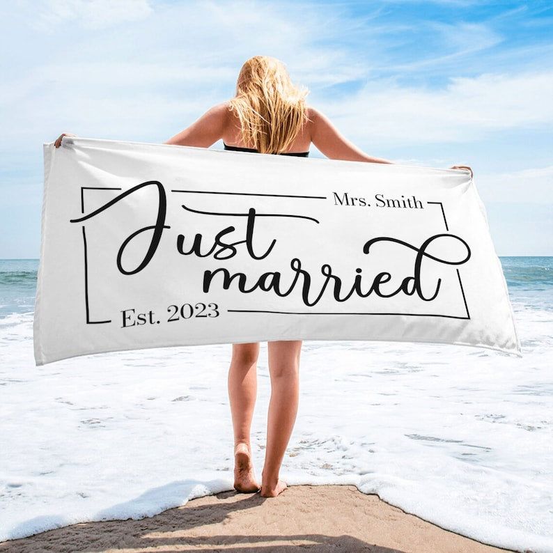 Just Married His Hers Newlywed Personalized Beach Towels Bridal Gift
