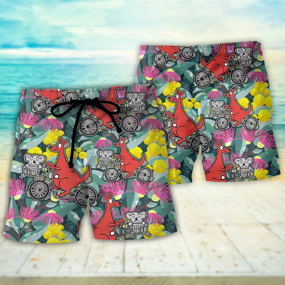Kangaroo And Koala Vibe Ride Cycling Flower Art Trendy Aloha Hawaiian Beach Shorts
