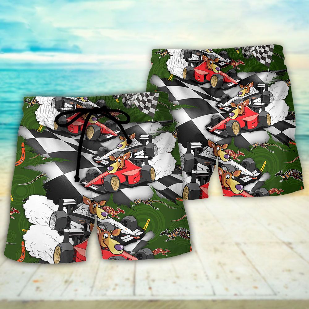 Kangraroo Racing Formula One Car Racing Australian Art Vibe Trendy Aloha Hawaiian Beach Shorts