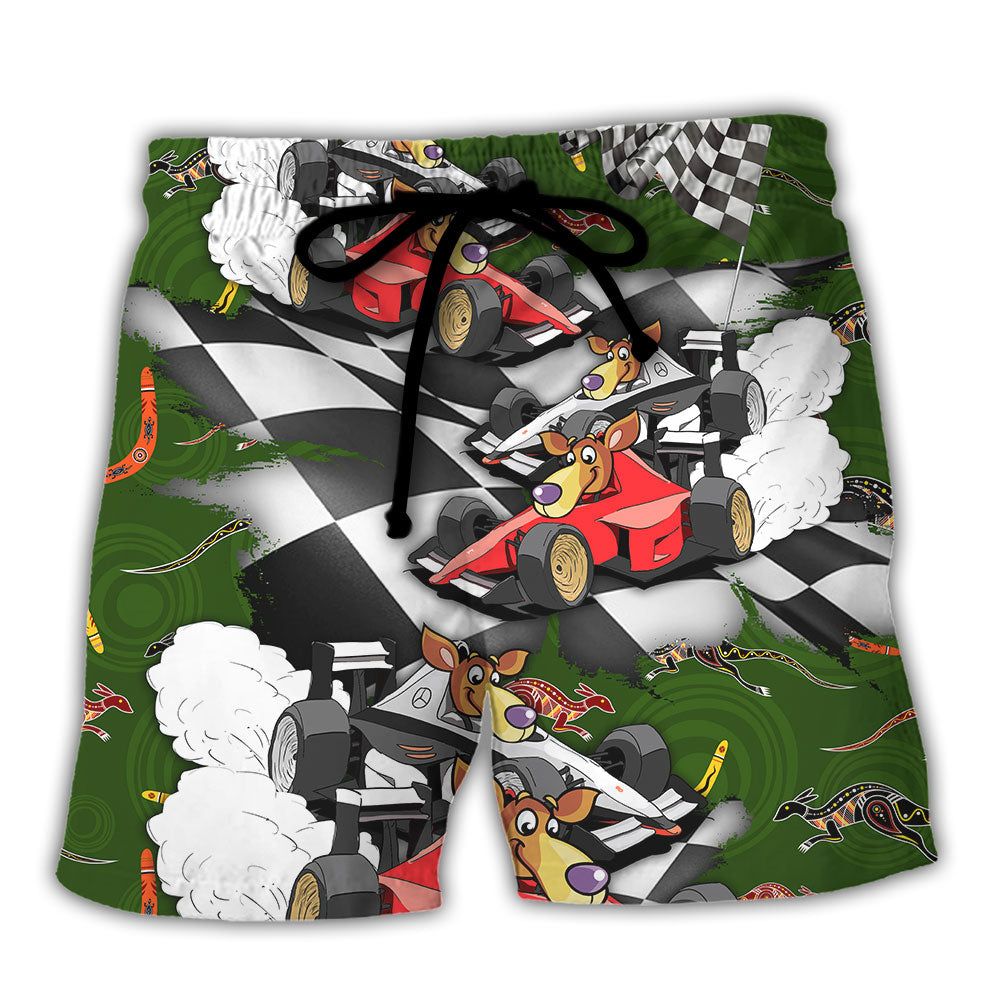 Kangraroo Racing Formula One Car Racing Australian Art Vibe Trendy Aloha Hawaiian Beach Shorts Kangraroo Racing Formula One Car Racing Australian Art Vibe Trendy Aloha Hawaiian Beach Shorts