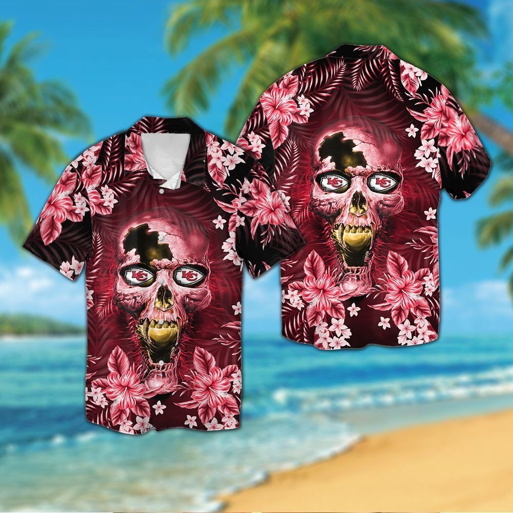 Kansas City Chiefsskull Short Sleeve Button Up Tropical Hawaiian Shirt VER02