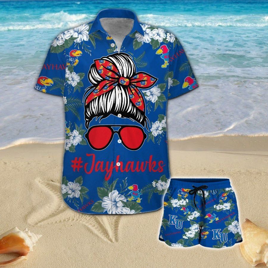 Kansas Jayhawks Girl Messy Bun Short Sleeve Button Up Tropical Hawaiian Shirt
