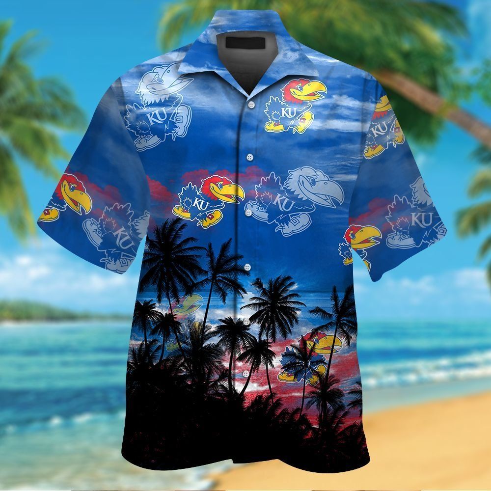 Kansas Jayhawks Short Sleeve Button Up Tropical Hawaiian Shirt for
