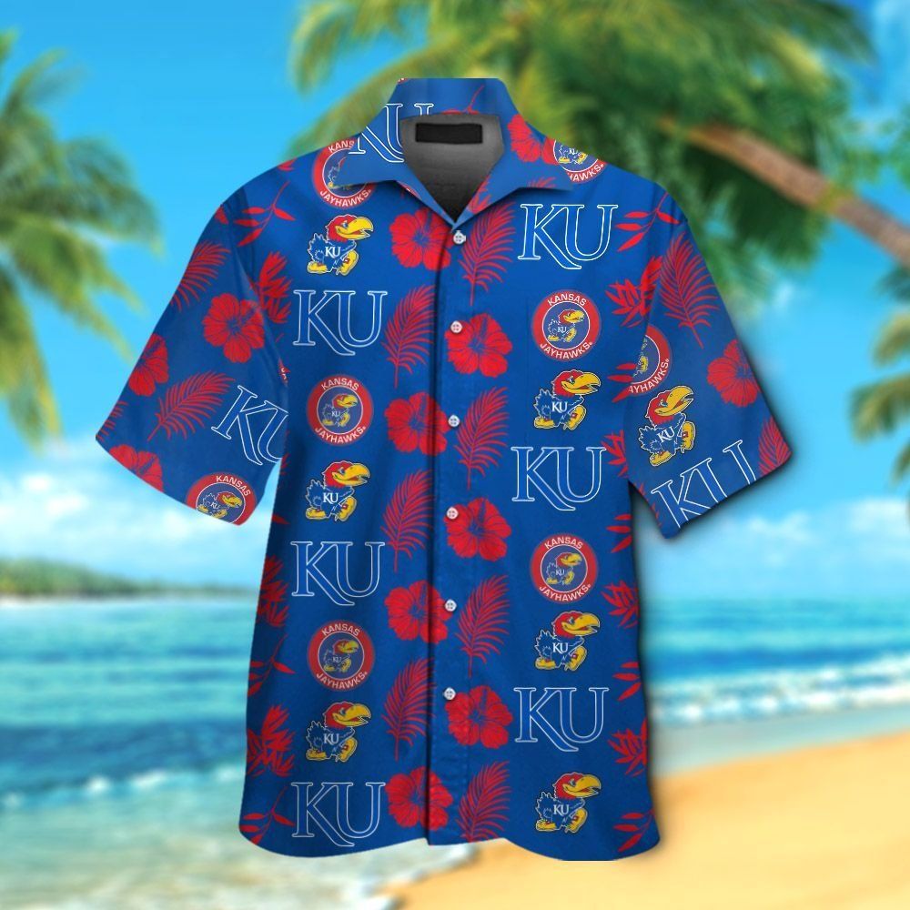 Kansas Jayhawks Short Sleeve Button Up Tropical Hawaiian Shirt VER01