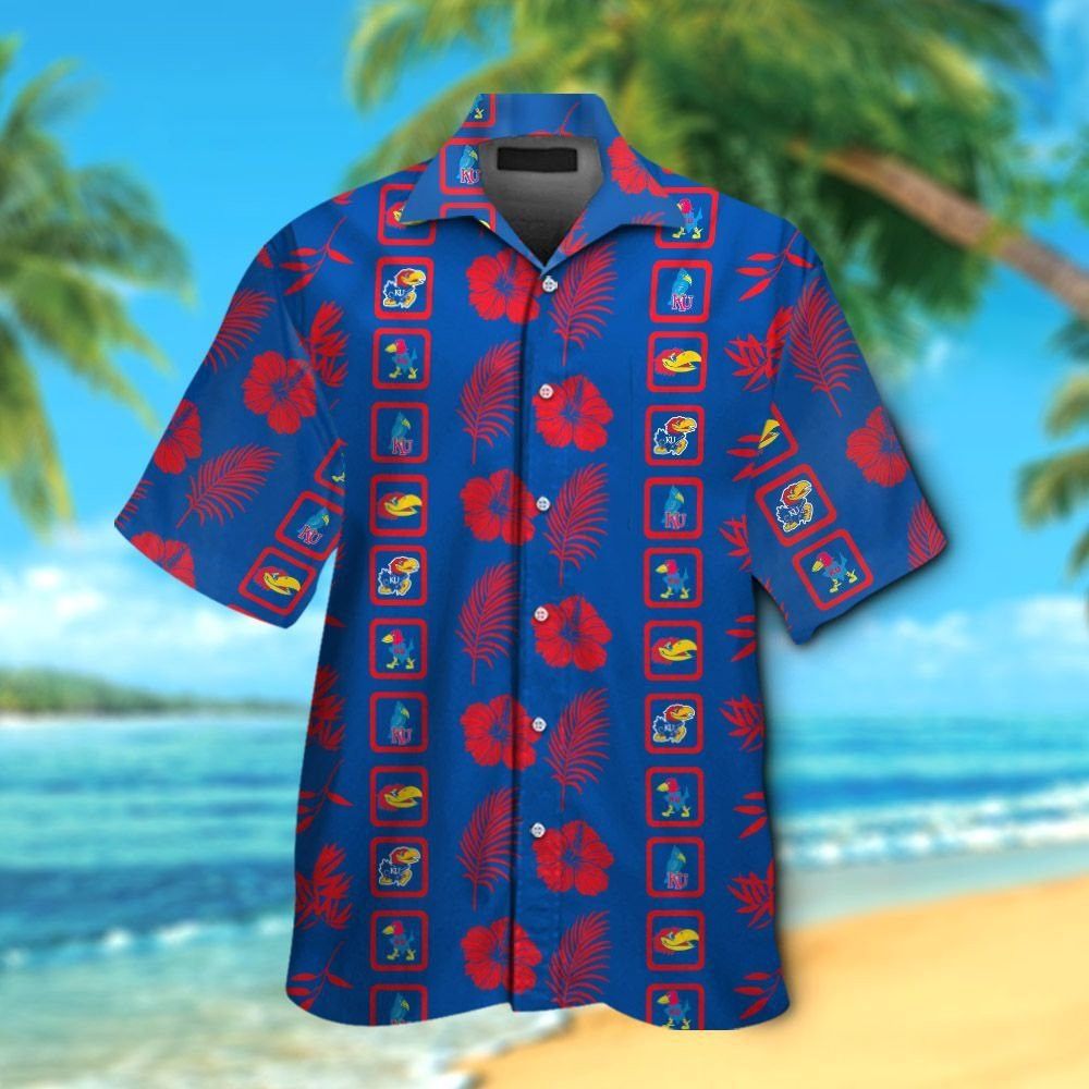 Kansas Jayhawks Short Sleeve Button Up Tropical Hawaiian Shirt VER010