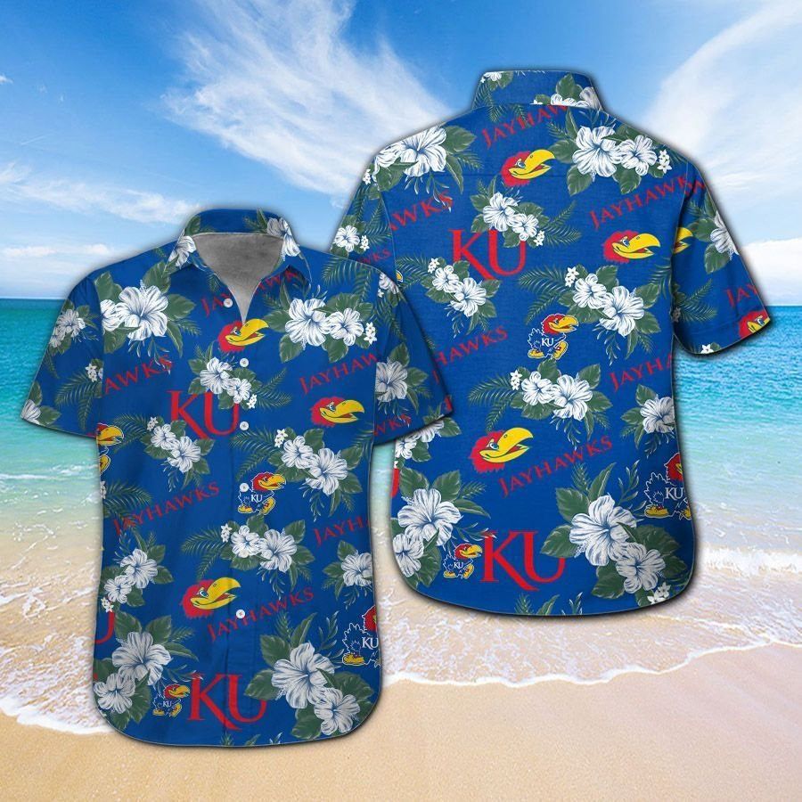 Kansas Jayhawks Short Sleeve Button Up Tropical Hawaiian Shirt VER012