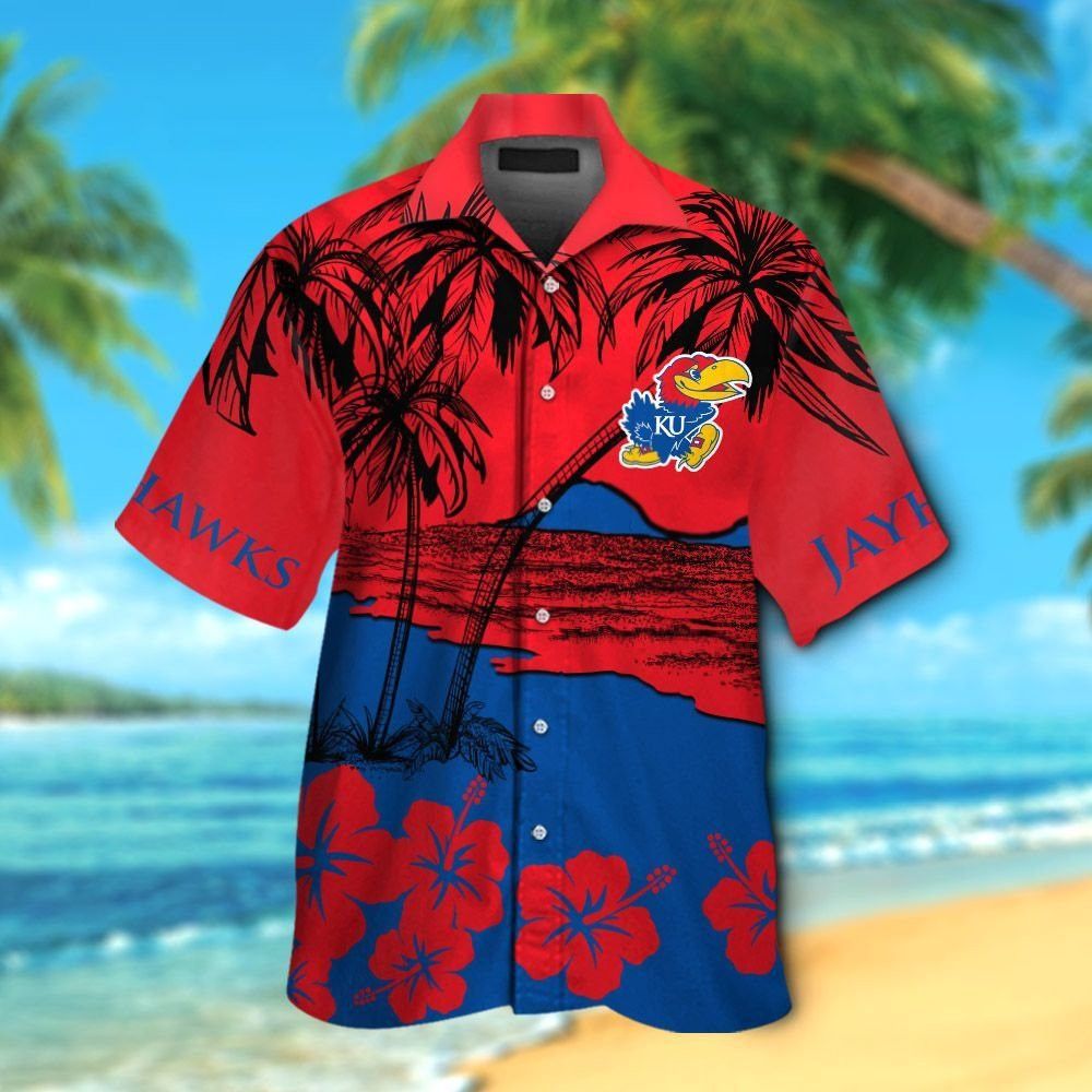 Kansas Jayhawks Short Sleeve Button Up Tropical Hawaiian Shirt VER015