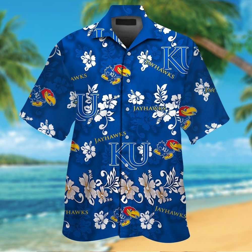 Kansas Jayhawks Short Sleeve Button Up Tropical Hawaiian Shirt VER017