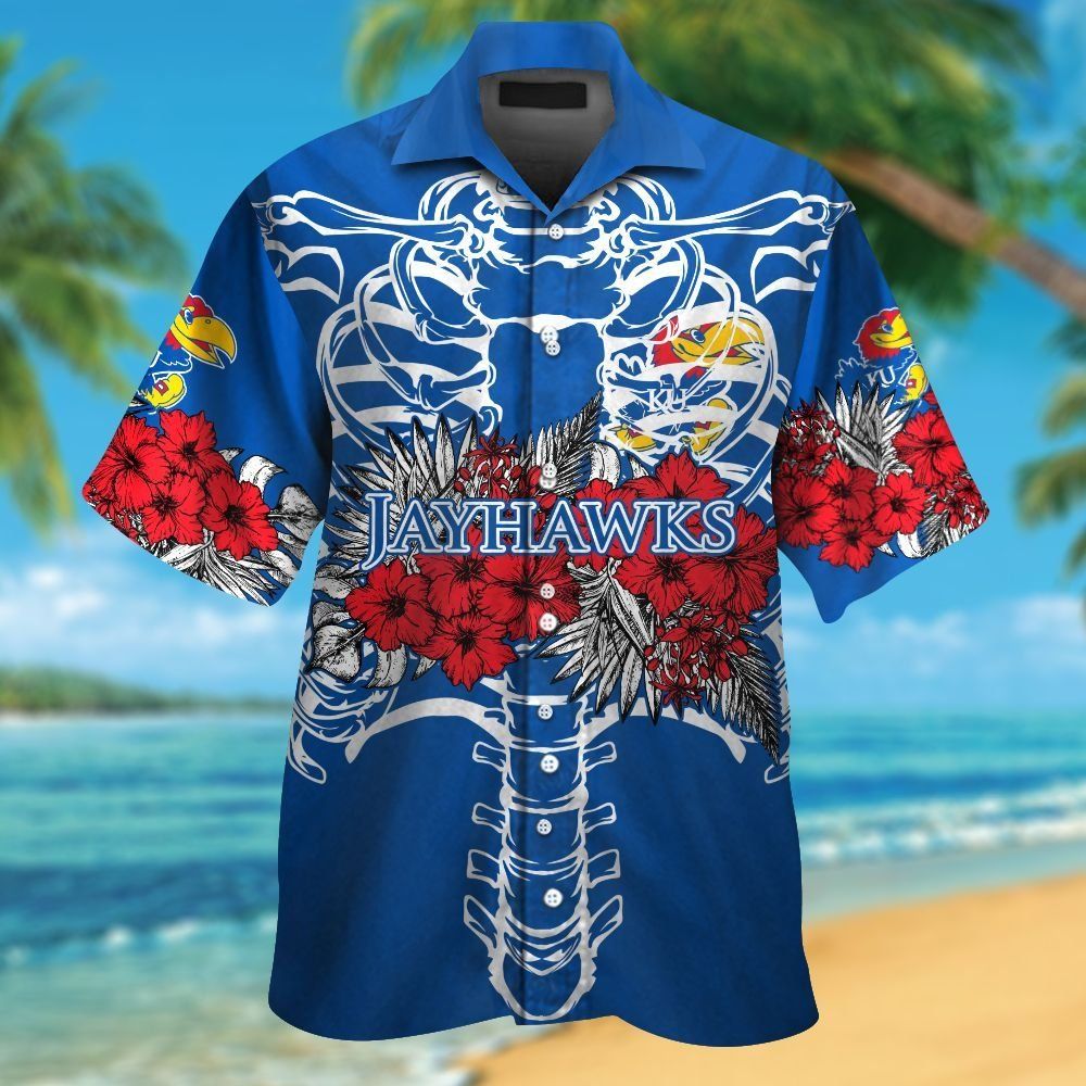 Kansas Jayhawks Short Sleeve Button Up Tropical Hawaiian Shirt VER019