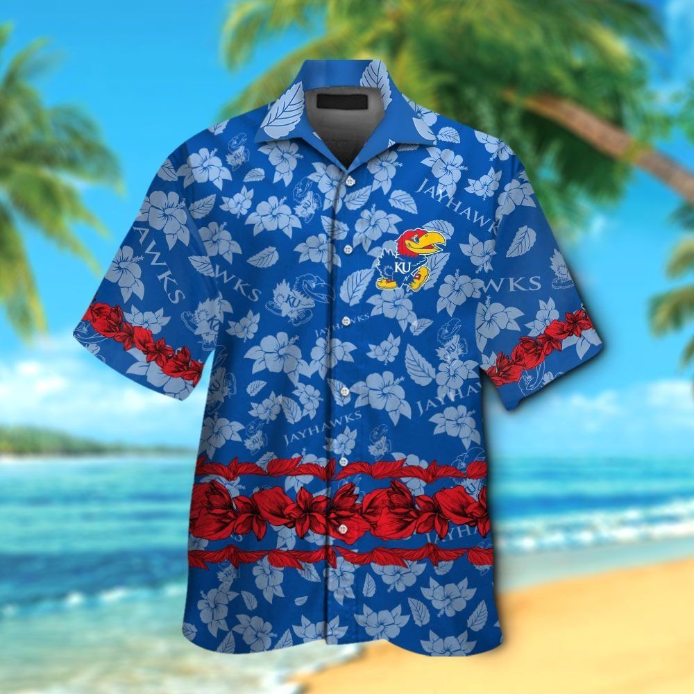 Kansas Jayhawks Short Sleeve Button Up Tropical Hawaiian Shirt VER02