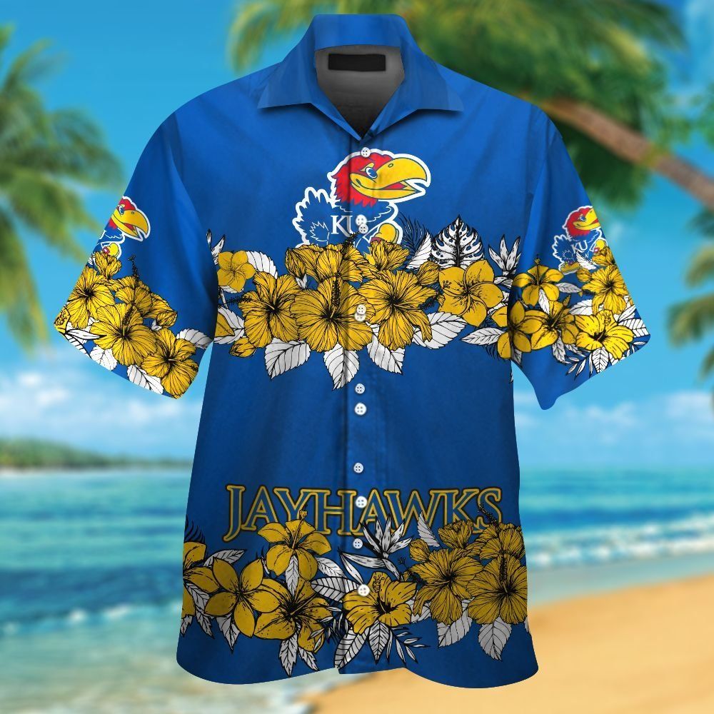Kansas Jayhawks Short Sleeve Button Up Tropical Hawaiian Shirt VER020