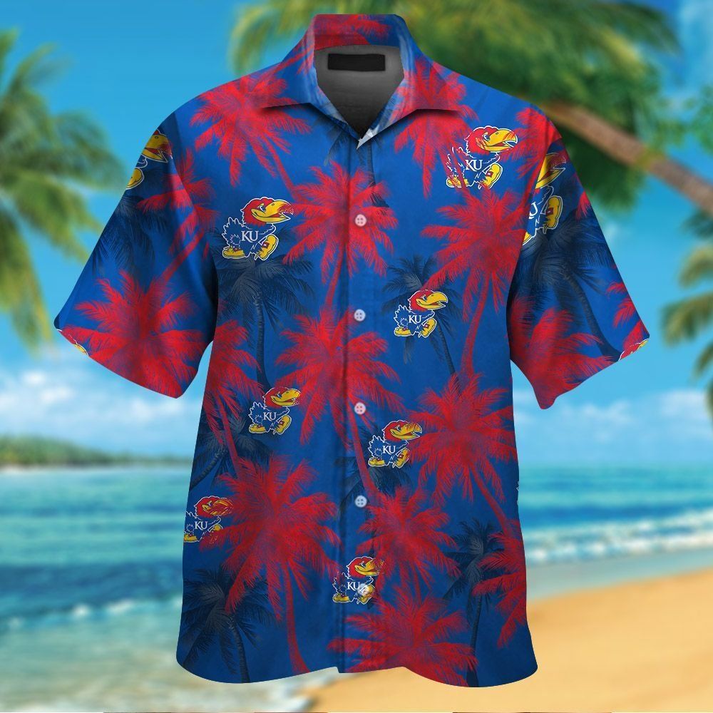 Kansas Jayhawks Short Sleeve Button Up Tropical Hawaiian Shirt VER022