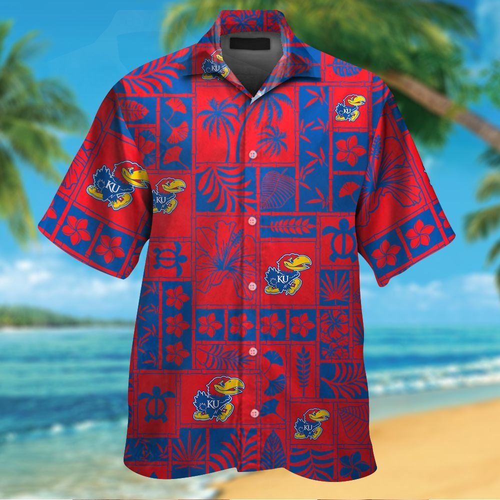 Kansas Jayhawks Short Sleeve Button Up Tropical Hawaiian Shirt VER023