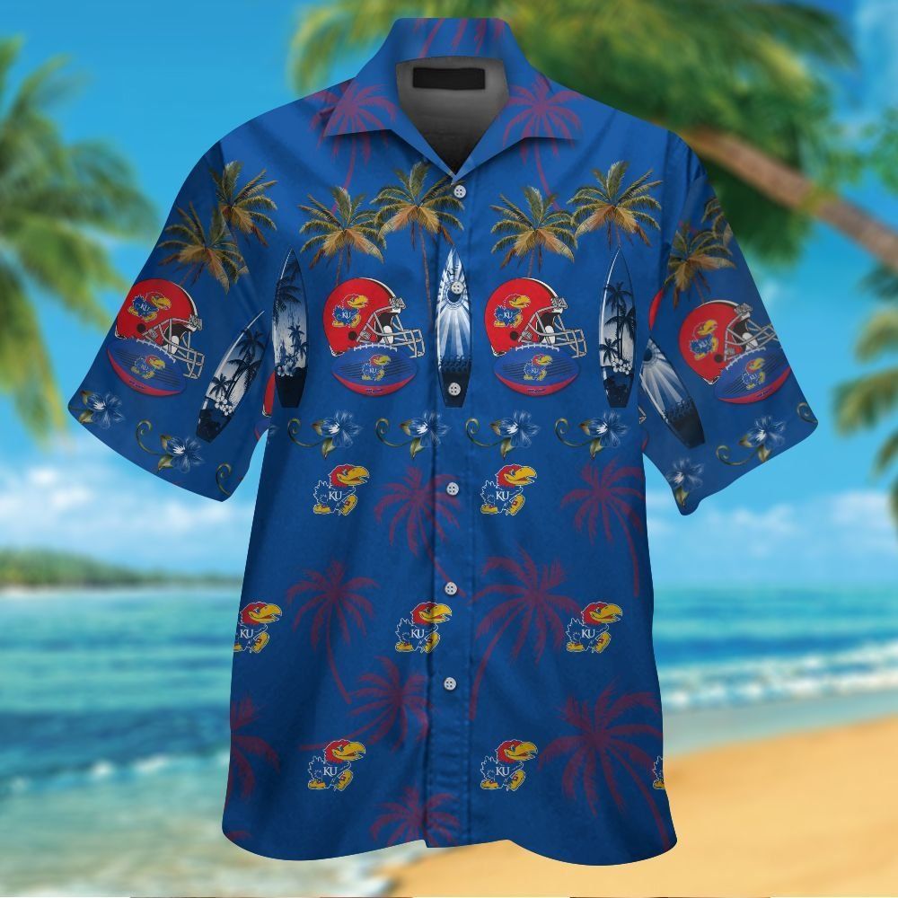 Kansas Jayhawks Short Sleeve Button Up Tropical Hawaiian Shirt VER026