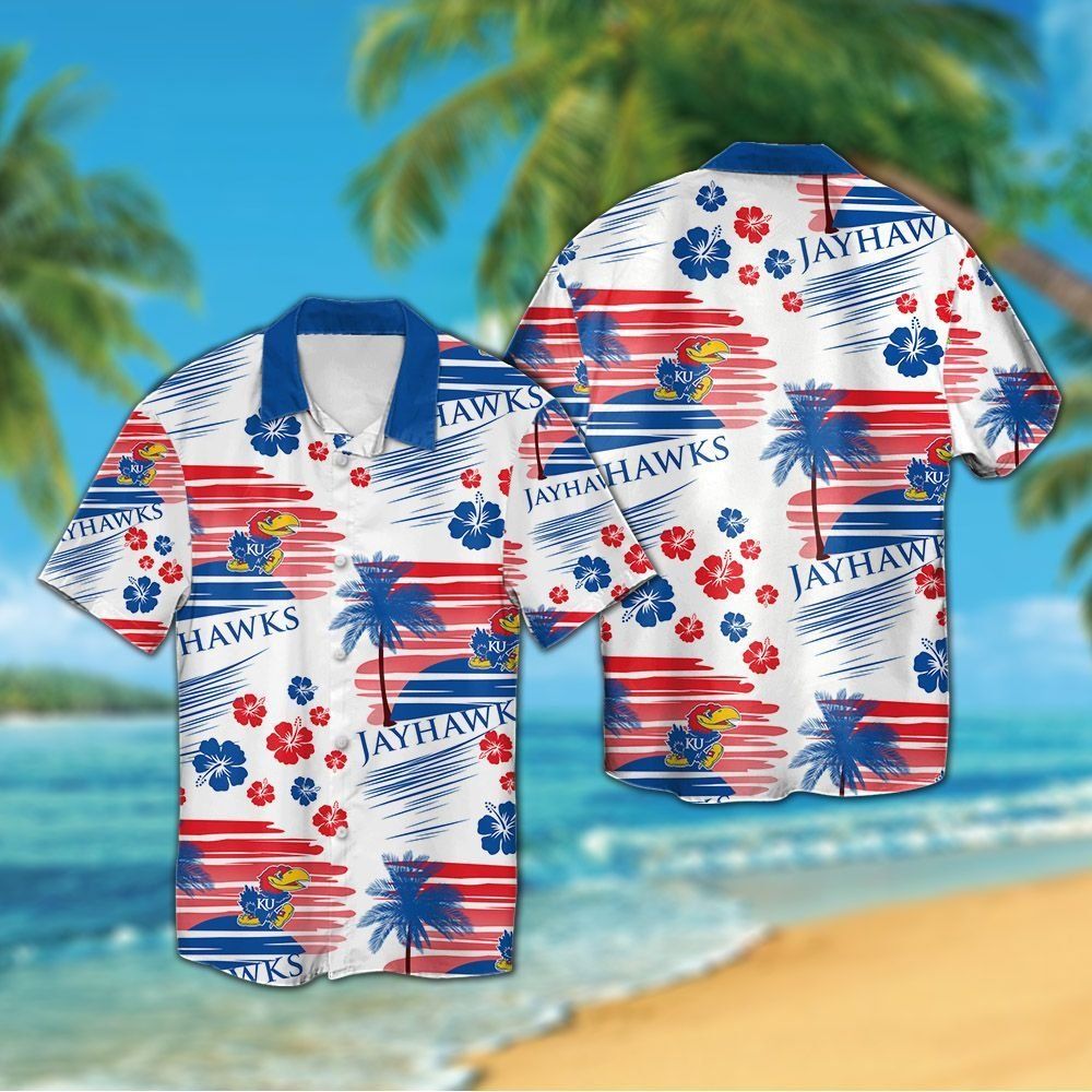 Kansas Jayhawks Short Sleeve Button Up Tropical Hawaiian Shirt VER028