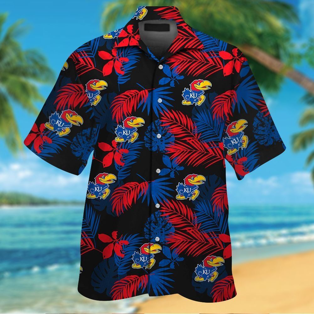 Kansas Jayhawks Short Sleeve Button Up Tropical Hawaiian Shirt VER029