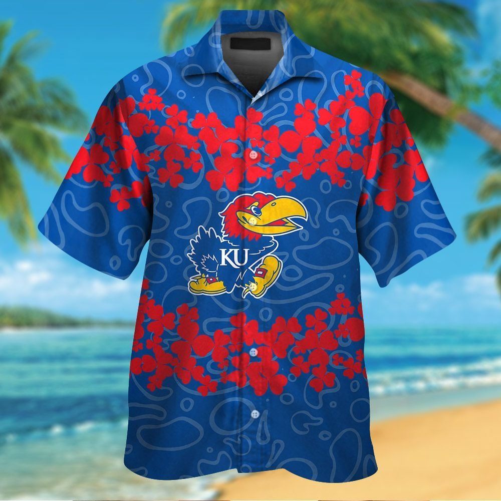 Kansas Jayhawks Short Sleeve Button Up Tropical Hawaiian Shirt VER03