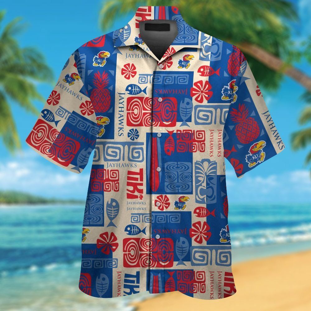 Kansas Jayhawks Short Sleeve Button Up Tropical Hawaiian Shirt VER031
