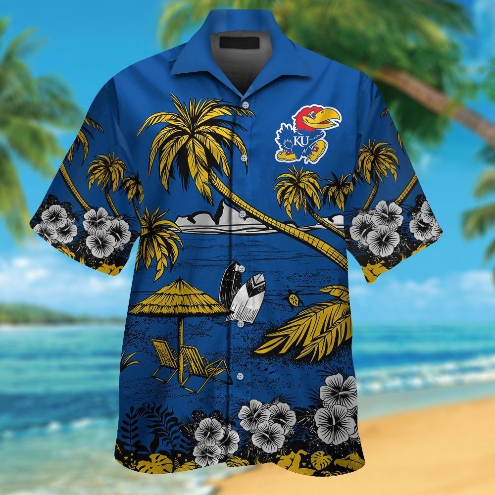 Kansas Jayhawks Short Sleeve Button Up Tropical Hawaiian Shirt VER032