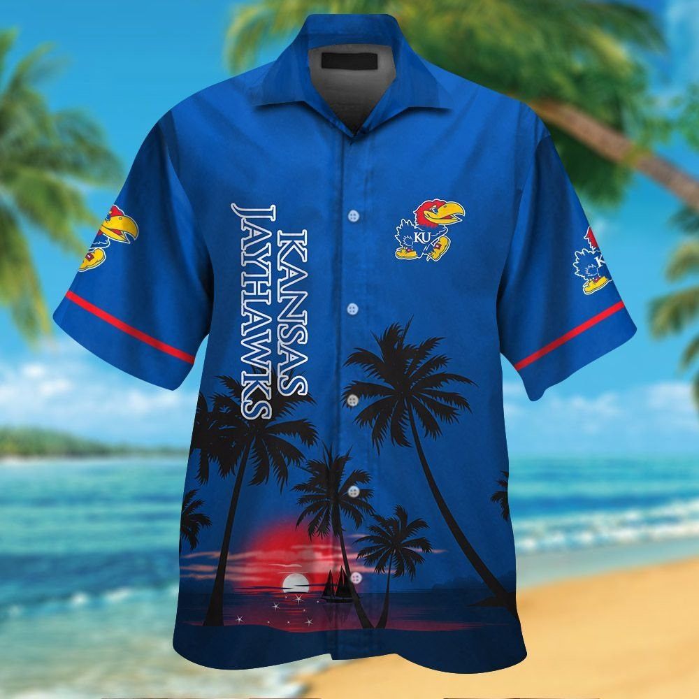 Kansas Jayhawks Short Sleeve Button Up Tropical Hawaiian Shirt VER034