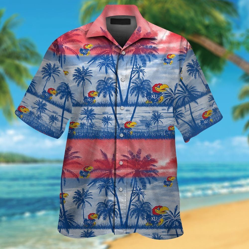 Kansas Jayhawks Short Sleeve Button Up Tropical Hawaiian Shirt VER035
