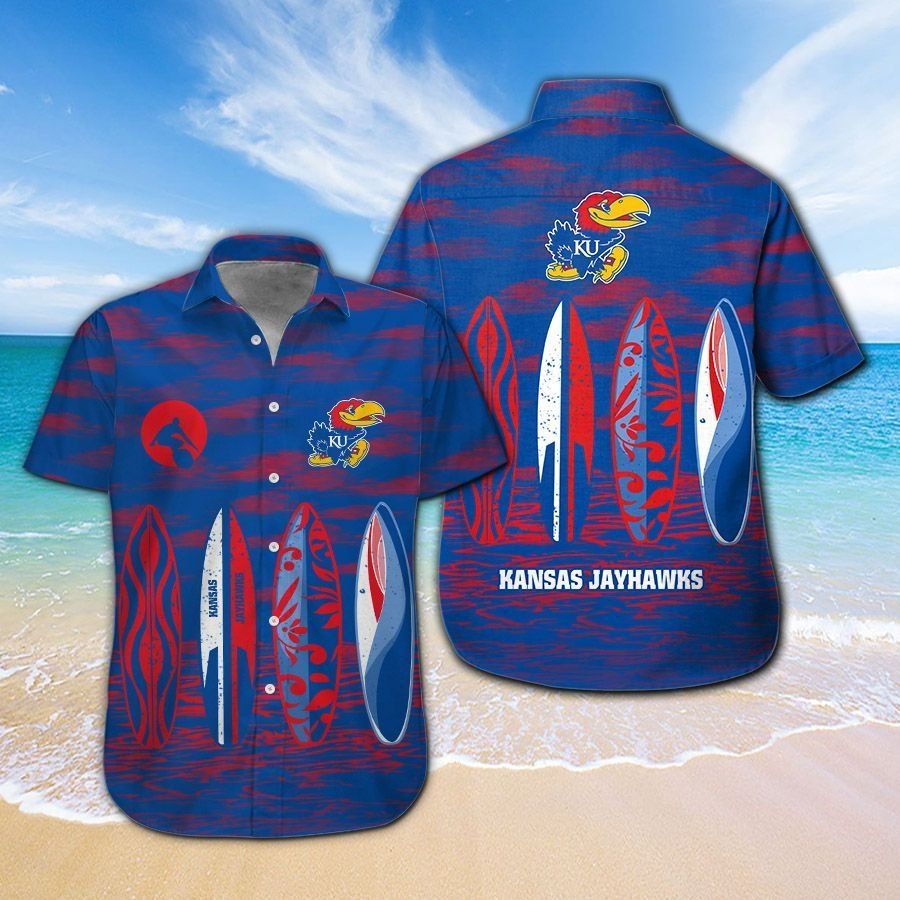 Kansas Jayhawks Short Sleeve Button Up Tropical Hawaiian Shirt VER04