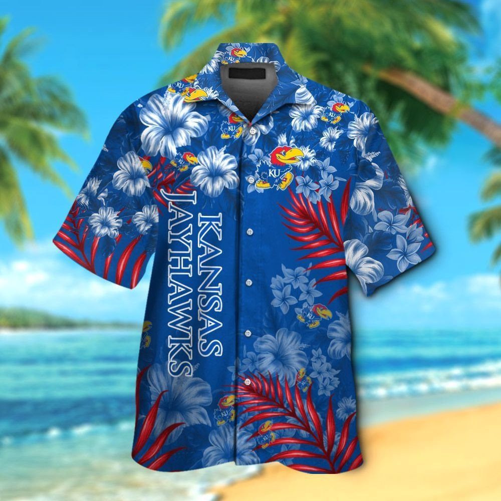Kansas Jayhawks Short Sleeve Button Up Tropical Hawaiian Shirt VER05