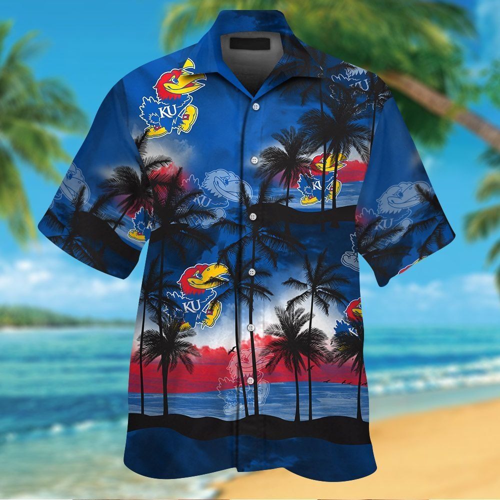 Kansas Jayhawks Short Sleeve Button Up Tropical Hawaiian Shirt VER06
