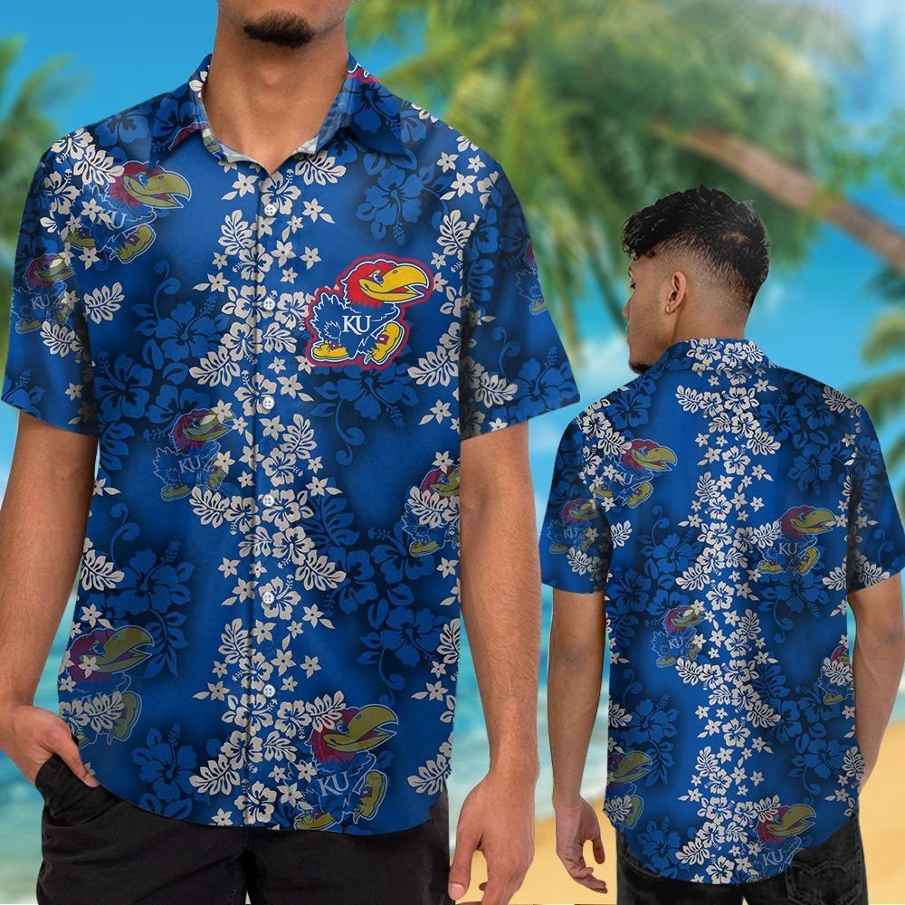 Kansas Jayhawks Short Sleeve Button Up Tropical Hawaiian Shirt VER08