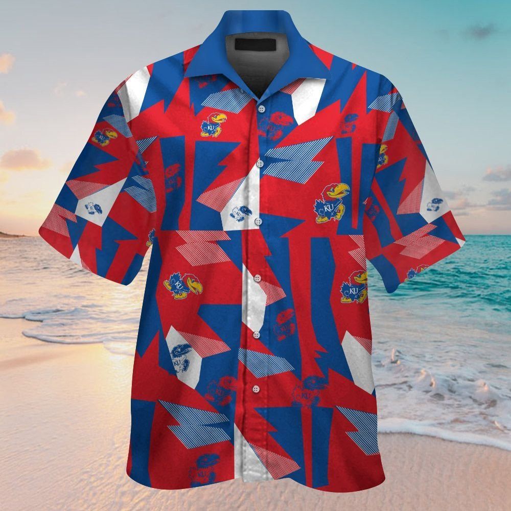 Kansas Jayhawks Short Sleeve Button Up Tropical Hawaiian Shirt VER09