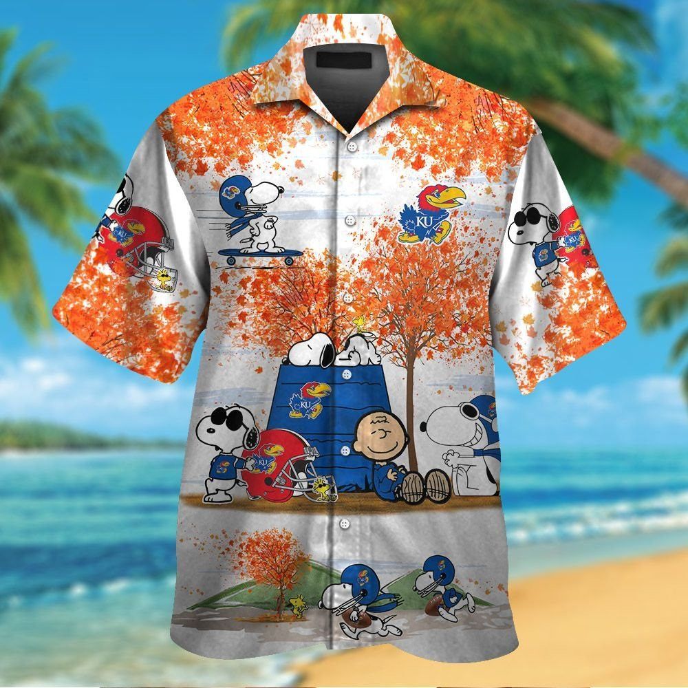 Kansas Jayhawks Snoopy Autumn Short Sleeve Button Up Tropical Hawaiian Shirt